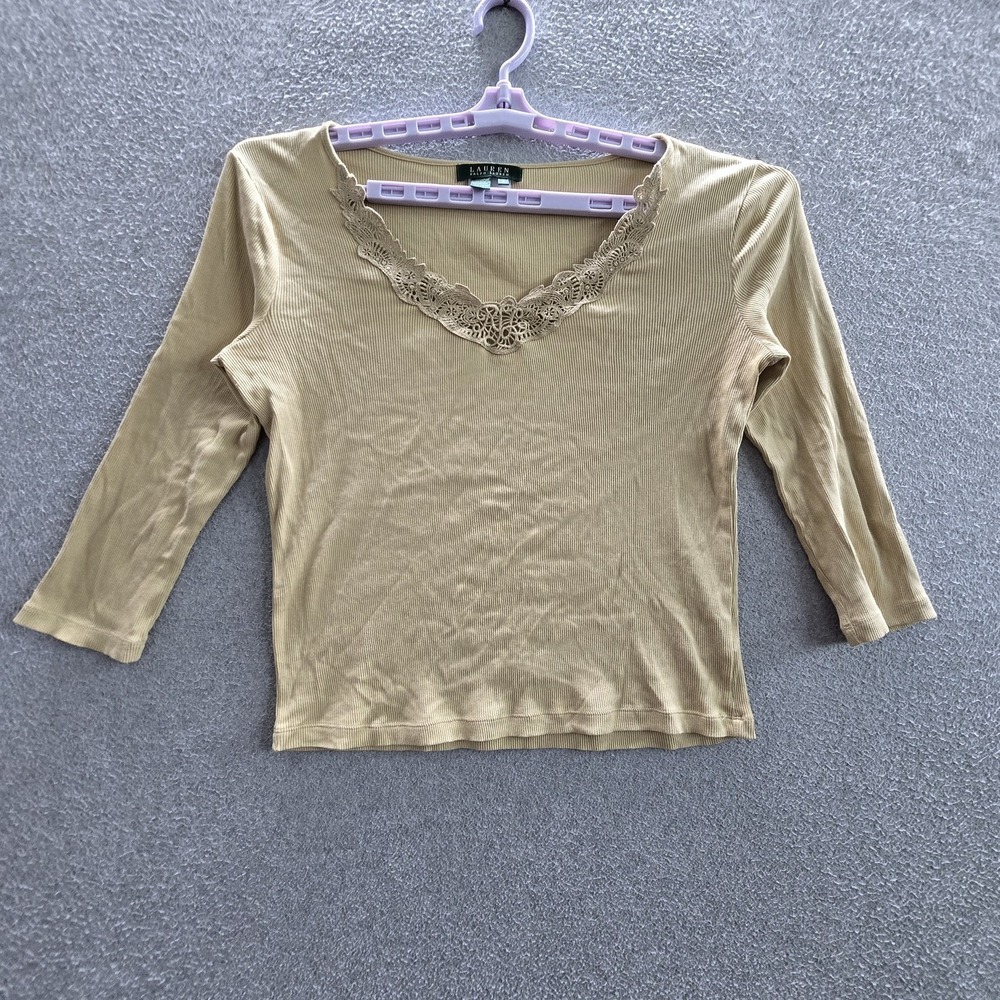 Lauren Ralph Lauren Women Shirt M Beige Lace V-Neck Pullover‎ Fairy Y2K